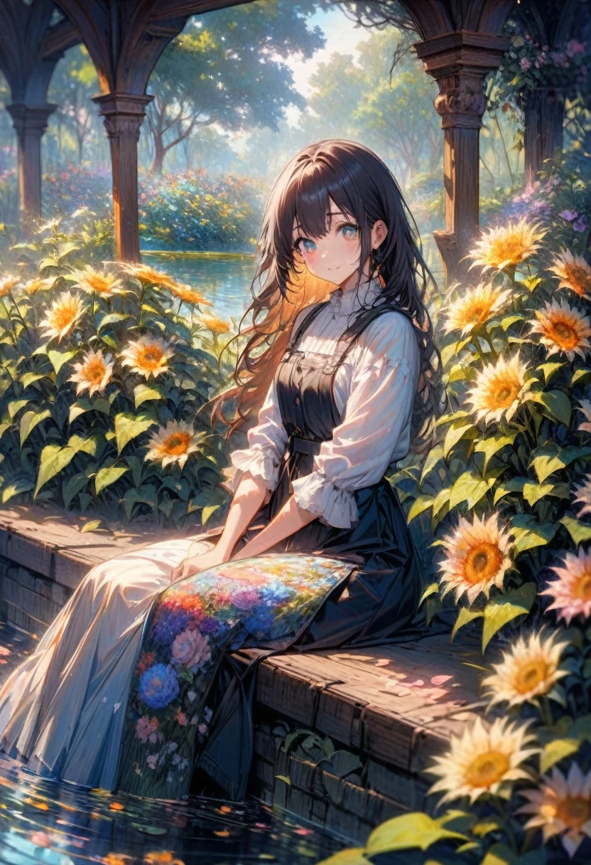 Claude Monet Style, A peaceful garden scene in the style of Claude Monet, with vibrant colors and soft brushstrokes. It features a beautiful girl sitting on a bench surrounded by blooming flowers and lush greenery. Her face, detailed and delicately painted, showcases her serene expression and sparkling eyes. The sunlight filters through the foliage, creating a dappled effect on the ground. The garden is filled with various kinds of flowers, including roses, lilies, and sunflowers, each painted with intricate details that highlight their texture and natural beauty. In the distance, a pond can be seen, reflecting the vibrant colors of the garden and the clear blue sky above. The water lilies on the pond are painted with meticulous attention to detail, capturing their delicate petals and the ripples they create on the water's surface. The overall image is of the highest quality, with ultra-detailed brushwork and sharp focus, providing a masterpiece that truly captures the essence of Claude Monet's signature style.