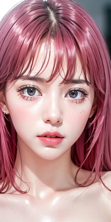 Ultra realistic, open shot, best quality, dream aesthetic (a little blurry in cinematic vibrant light), ultra-detailed, fine details, high resolution (image taken by analog camera), Perfect dynamic composition, illuminated pale skin, perfect shading, beautiful (realistic) detailed clear eyes, naked, pantyhose, pale-pink hair, long messy (silky) hair (pale pink), hair fringe, natural big breasts (nude), Natural Color Lip, face with pleasure and fatigue expression, Random and sensual poses, bedroom (background unfocused)、20 year old、dream atmosphere