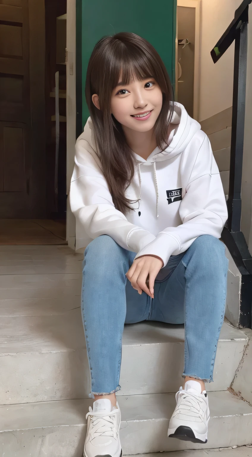 highest quality, Realistic, Very detailed, Finer details, High resolution, 8k wallpaper, One beautiful woman,Sit on the stairs、（Wear black socks）smile、（Beautiful teeth alignment、）（Gums are visible） Oversized hoodie, Skinny jeans,（ Black sneakers）、Black Hair、 Beautiful Bangs、ear piercing、Perfect dynamic composition, Beautiful and detailed, Full Body Shot, A big smile brown hair