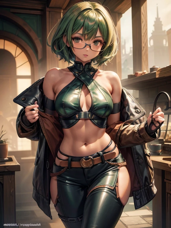 8K UHD, Digital SLR, Soft lighting, High quality, ((best quality)) ((best quality)), ((masterpiece)), (detailed), 4k image, anime style, fair caramel brown skin, beautiful age anime girl, emerald woody eyes. sleek emerald green hair, tight-fit black leather jeans and pants, white shirt, form-fitting light green colored leather battle armor, fair caramel brown skin, symmetrical face, plump lips, thin circular frame transparent nerdy glasses, African looks, small breasts, toned thin slender body, small narrow waist, short height, waist length pixie cut hair, hips, phoenix eyes, small nose, European style , white color sheer hold up stockings, low-top boots, fair caramel brown skin