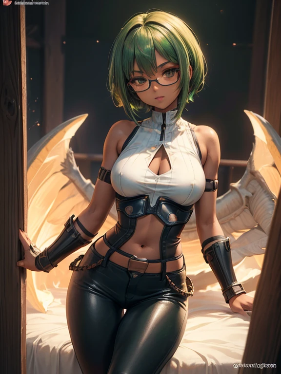 8K UHD, Digital SLR, Soft lighting, High quality, ((best quality)) ((best quality)), ((masterpiece)), (detailed), 4k image, anime style, fair caramel brown skin, beautiful teenage anime girl, emerald woody eyes. sleek emerald green hair, tight-fit black leather jeans and pants, white shirt, form-fitting light green colored leather battle armor, fair caramel brown skin, symmetrical face, plump lips, thin circular frame transparent nerdy glasses, African looks, small breasts, toned thin slender body, small narrow waist, short height, waist length pixie cut hair, hips, phoenix eyes, small nose, European style , white color sheer hold up stockings, low-top boots, fair caramel brown skin