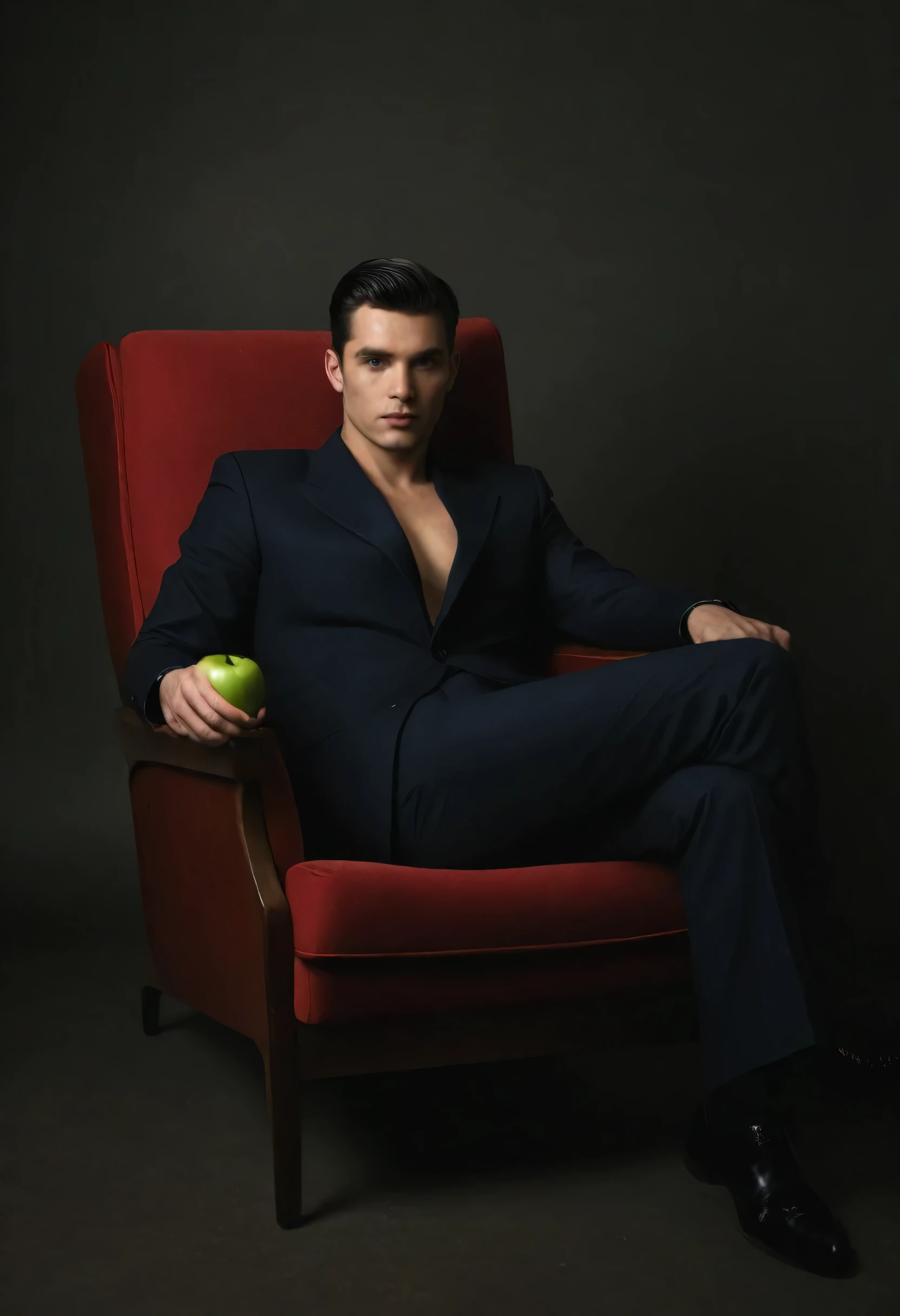 A young man is depicted in this moody, indoor photograph, reclining in a mid-century modern armchair with red upholstery. He has a short, dark hairstyle and a well-defined physique. The man is wearing a dark pinstripe suit, with the jacket unbuttoned to reveal his bare chest and toned abs, adding a sense of casual sophistication. In his right hand, he holds a green apple, resting it against the back of the chair. His gaze is directed upward and to the left, giving him a contemplative or dreamy expression. The background is minimalistic and dark, drawing focus to the subject and the textures of his clothing and the chair. The lighting is soft and subdued, creating a dramatic and intimate atmosphere.