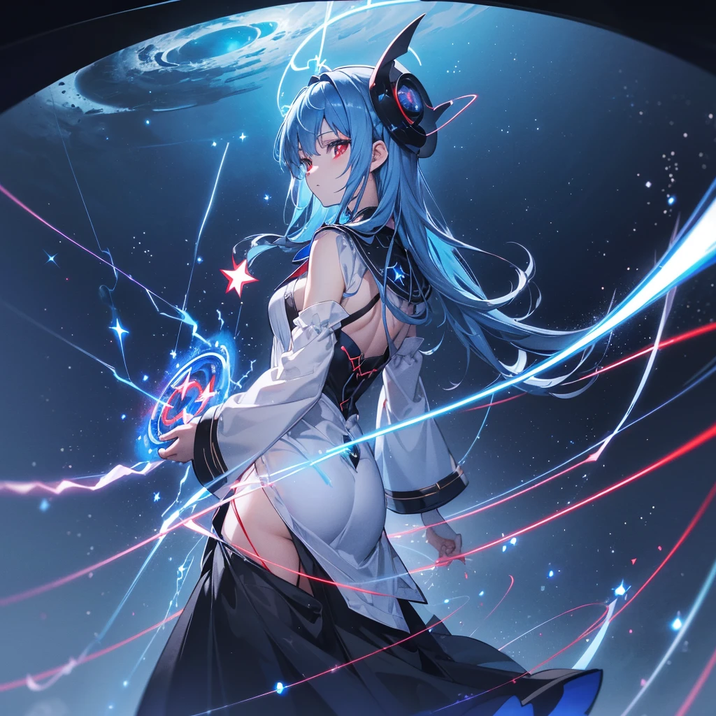 ((Blue Hair　magic circle　Witch Hat　Red eyes　Turn your back))　((thunder　Blitz　thunderの杖　starのペンダント　electricity　lightning))　(Magic Robe　shine　star　Streaks of Light　Black Hole)　moon　彗star　incantation　Runes　cool