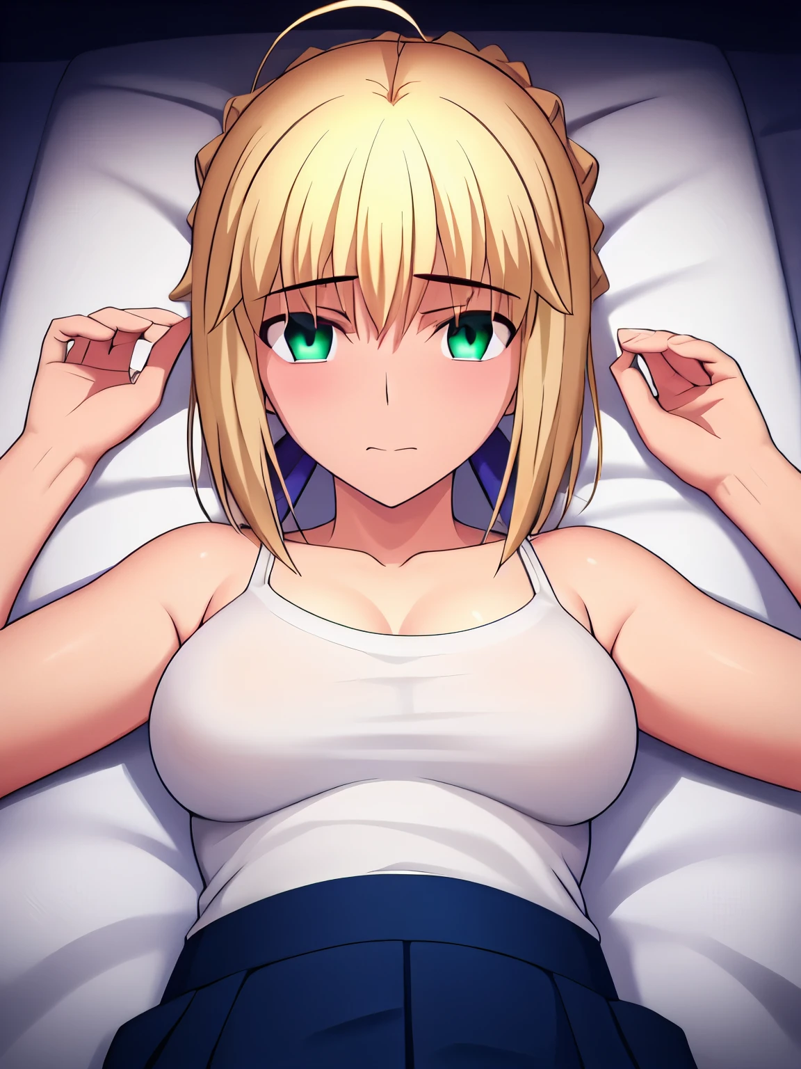 Best_quality, masterpiece, highres, detailed, detailed_background, ray_tracing_graphic, solo, adult_female, {saber_fatestaynightufotable:1.15}, blonde_hair, French_bread, little_ahoge, detailed_green_eyes, blue_ribbon, 1girl, anime_coloring, detailed_face, wife_face, five_fingers, blush, large_breasts, white_tanktop, trousers, from_the_top, lying, bed, dark_room, night_time, looking_at_viewer, oily_skin, detailed_skin, detailed_texture