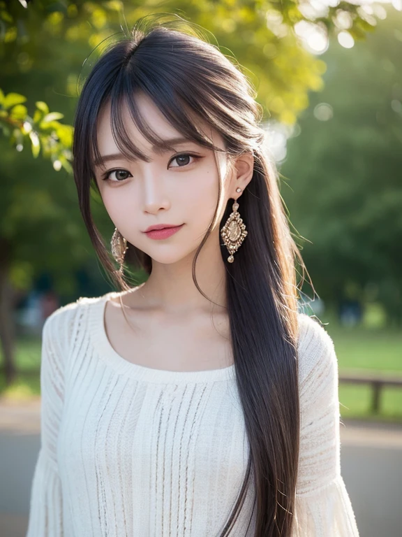 masterpiece, highest quality, High resolution,alone,Two-tone hair, Small earrings,artistic,Best lighting,casual,Flat Chest,Beautiful Face,expensive,smile,light makeup,nature,27 years old,Calm woman,Hair blowing in the wind,Blurred Background,Face Focus,Detailed Hair,Laughing woman,Woman wearing a white blouse,Woman with tied hair,amount,Medium Hair,Waterfront