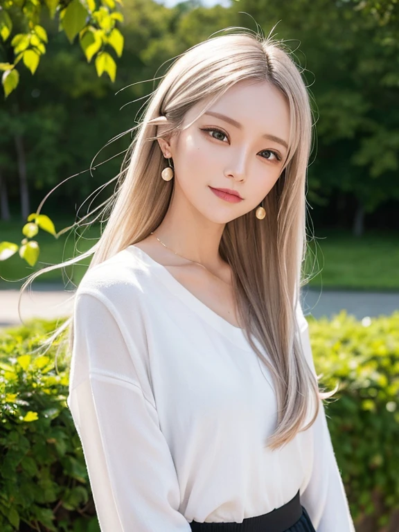 masterpiece, highest quality, High resolution,alone,Two-tone hair, Small earrings,artistic,Best lighting,casual,Flat Chest,Beautiful Face,expensive,smile,light makeup,nature,27 years old,Calm woman,Hair blowing in the wind,Blurred Background,Face Focus,Detailed Hair,Laughing woman,Woman wearing a white blouse,Woman with tied hair,amount,Medium Hair,Waterfront