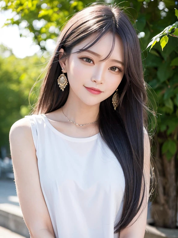 masterpiece, highest quality, High resolution,alone,Two-tone hair, Small earrings,artistic,Best lighting,casual,Flat Chest,Beautiful Face,expensive,smile,light makeup,nature,27 years old,Calm woman,Hair blowing in the wind,Blurred Background,Face Focus,Detailed Hair,Laughing woman,Woman wearing a white blouse,Woman with tied hair,amount,Medium Hair,Waterfront
