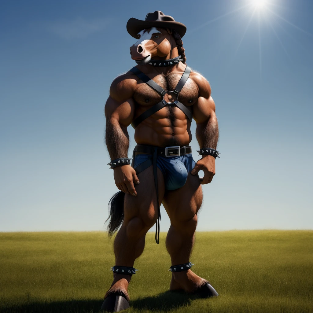 Furry, Antro, Solo, (White Brown), Horse tail, Ponytail, Horsetail, (Male Bulge), Big Balls, Wearing a Black Leather Harness, Black Leather Slip, Leather Slip, Black Belt, Spiked Collar, Spiked Wristbands, Leather Bicep Arm Strap, Cowboy Hat, Spiked Anklet, Hooves, Hairy, Full Body, Braided Mane, Hairy Torso, Seen Standing, Upright Standing Pose, Blue Pupil Eyes, High Resolution, 4K Detailed, Good Lighting, Beautiful, Blue Sky Background with Green Grass Meadow