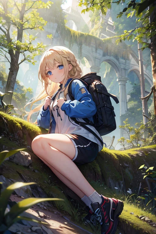 masterpiece, highest quality, High resolution, 1 7-year-old girl、blue eyes、
blonde、Braiding、Climbing style、Clothes with many pockets、Shorts、rucksack、Thick-soled shoes、In the mountains、Lush trees々、The sunlight streaming in