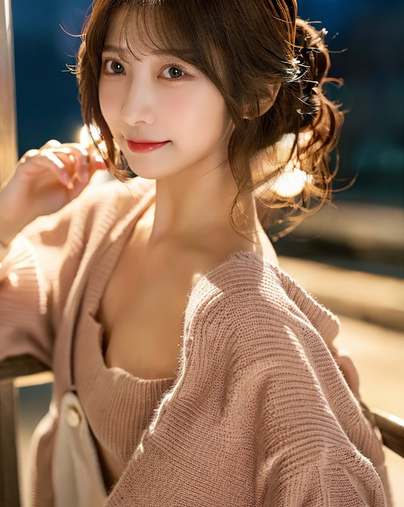 (masterpiece:1.3), (8k, Photorealistic, RAW Photos, Best image quality: 1.4), Japanese 、(Random hairstyle:1.2)、Cleavage:1.2、Super detailed face、Eye on the details、double eyelid、Chest to chest、Sharp focus:1.2、Beautiful woman:1.4、Light brown hair、highest quality、masterpiece、Ultra-high resolution、(Photorealistic:1.4)、Highly detailed and professionally lit smiles、Loose, lightweight knitwear、Shoulder out、thin、Serious expression、Short Hair、Deadly position、Nogizaka Idol、Korean Idol、Carving an idol pose、actress、Age 25、expensive、Cafe、restaurant、Glamour、~ side、profile、Please put your hands up、Tying up hair、sea~ side