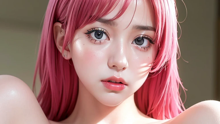 Ultra realistic, open shot, best quality, dream aesthetic (a little blurry in cinematic vibrant light), ultra-detailed, fine details, high resolution (image taken by analog camera), Perfect dynamic composition, illuminated pale skin, perfect shading, beautiful (realistic) detailed clear eyes, naked, pantyhose, pale-pink hair, long messy (silky) hair (pale pink), hair fringe, natural big breasts (nude), Natural Color Lip, face with pleasure and fatigue expression, Random and sensual poses, bedroom (background unfocused)、20 year old、dream atmosphere