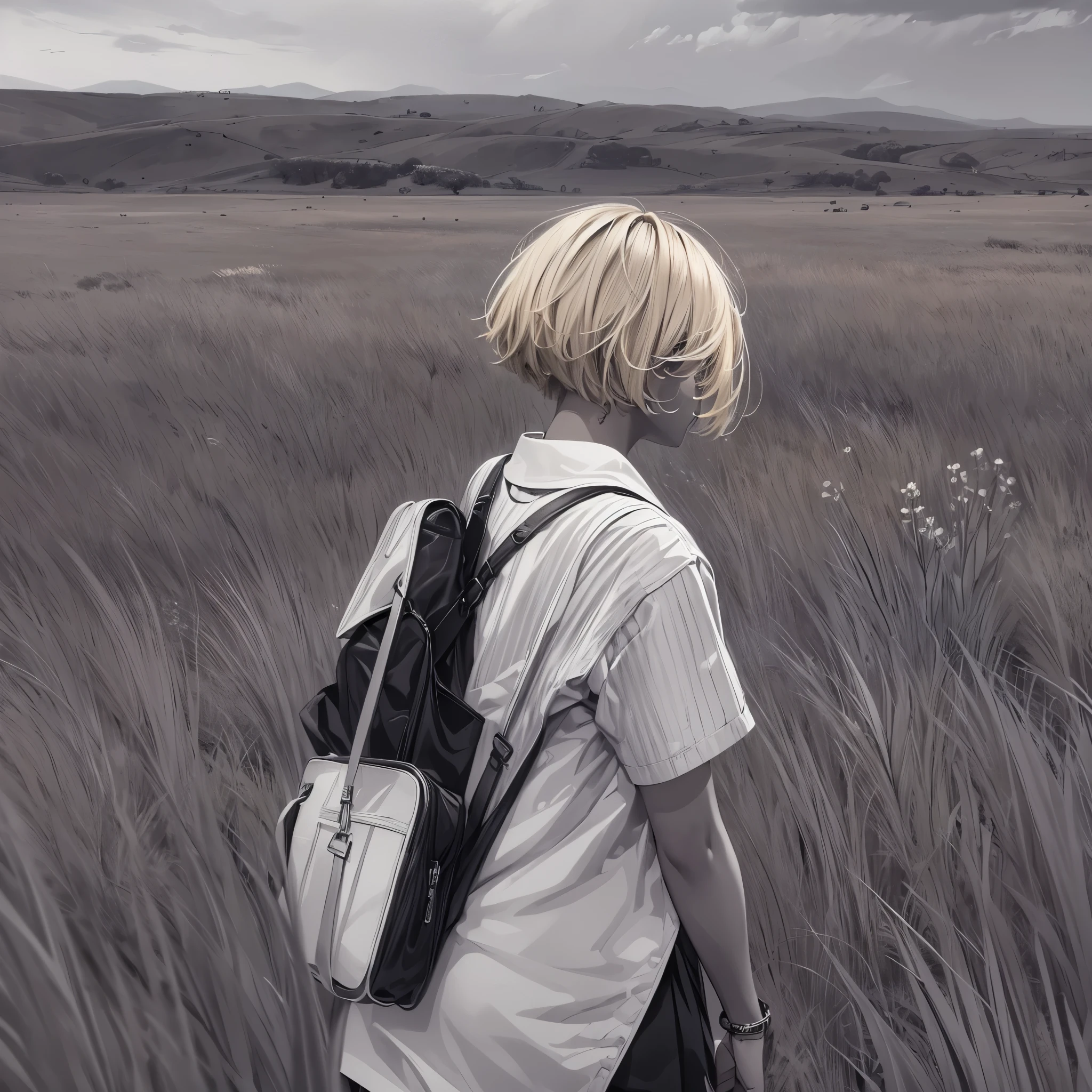 ((20-year-old woman,Blonde short bob hair,She is walking through an grassland in the monochrome world)),inside the monochrome world,the monochrome grassland,There are monsters in the grassland,Uneasy atmosphere,