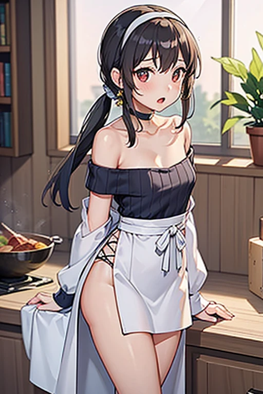 masterpiece, yor, 1girl, Bust A Cup, Amazing Cleavage:1.0, thin waist, big ass, Raised sexy, small breast: 1.2 posed cleavage:1.2、solo, looking at viewer, open mouth, have a cute grass of cute beergrass,black hair, red eyes, dress, bare shoulders, jewelry, collarbone, sidelocks, hairband, earrings, indoors, off shoulder, :o, sweater, arms behind back, plant, short hair with long locks, white hairband, off-shoulder dress, sweater dress, off-shoulder sweater, red sweater, big side hair, very long side hair,is rendered in (masterpiece: 1.2, best quality), with (ultra high resolution) and an exquisite (depth of field). This masterpiece is not only visually stunning but also tells,A scene of cooking in the kitchen