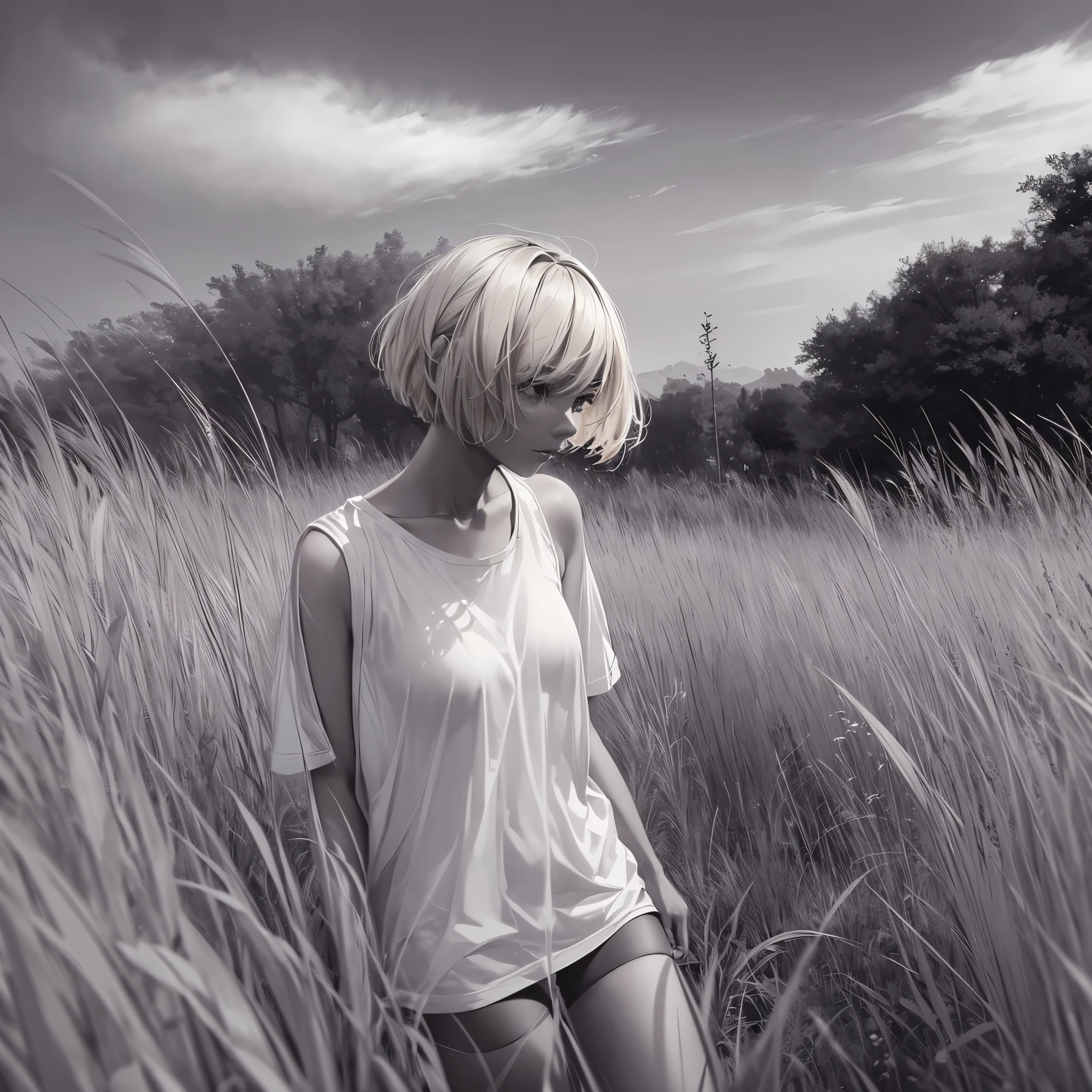 ((20-year-old woman,Blonde short bob hair,She is walking through an grassland in the monochrome world)),inside the monochrome world,the monochrome grassland,There are monsters in the grassland,Uneasy atmosphere,
