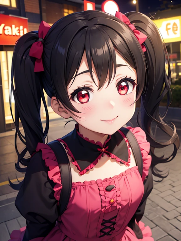 Woman portrait ,20 years,Yazawa Nico、Mouth closed、Upper Body,Idol Costumes,Tokyo Street,Cinema Lighting、smile,Red eyes、Beautifully styled hair、Twin tails、Gothic ta、ピンク色のGothic LoliForward posture、Absolute reference to the center、