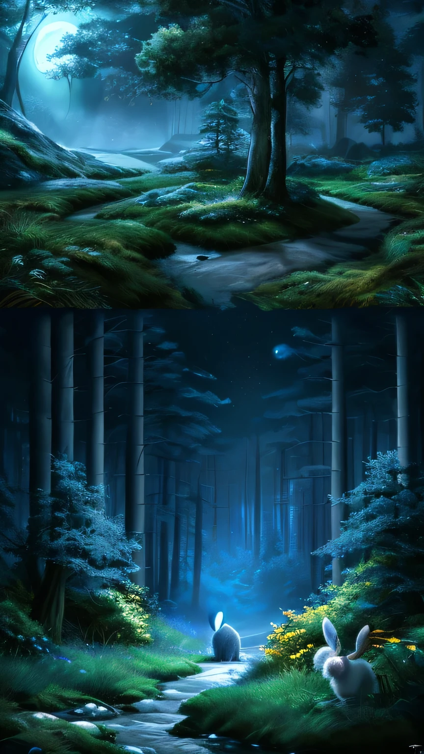 masterpiece, highest quality, (Highly detailed CG synthesis 8k wallpaper), (highest quality), (Best illustrations), Dark Forest、One blue rabbit、night