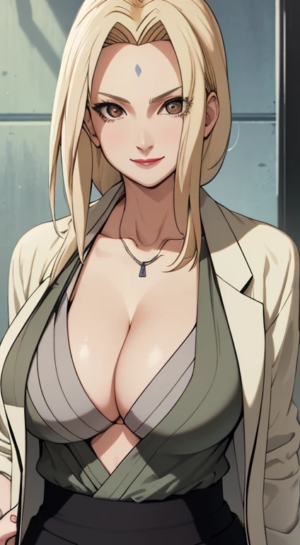 Best quality，masterpiece，1 Girl，Looking at the camera，blonde，white shirt，Green coat，Smile，Perfect body，(((Large Breasts、Low-cut，Cleavage, Wide hips,)))Long legs , Plum，Red lips