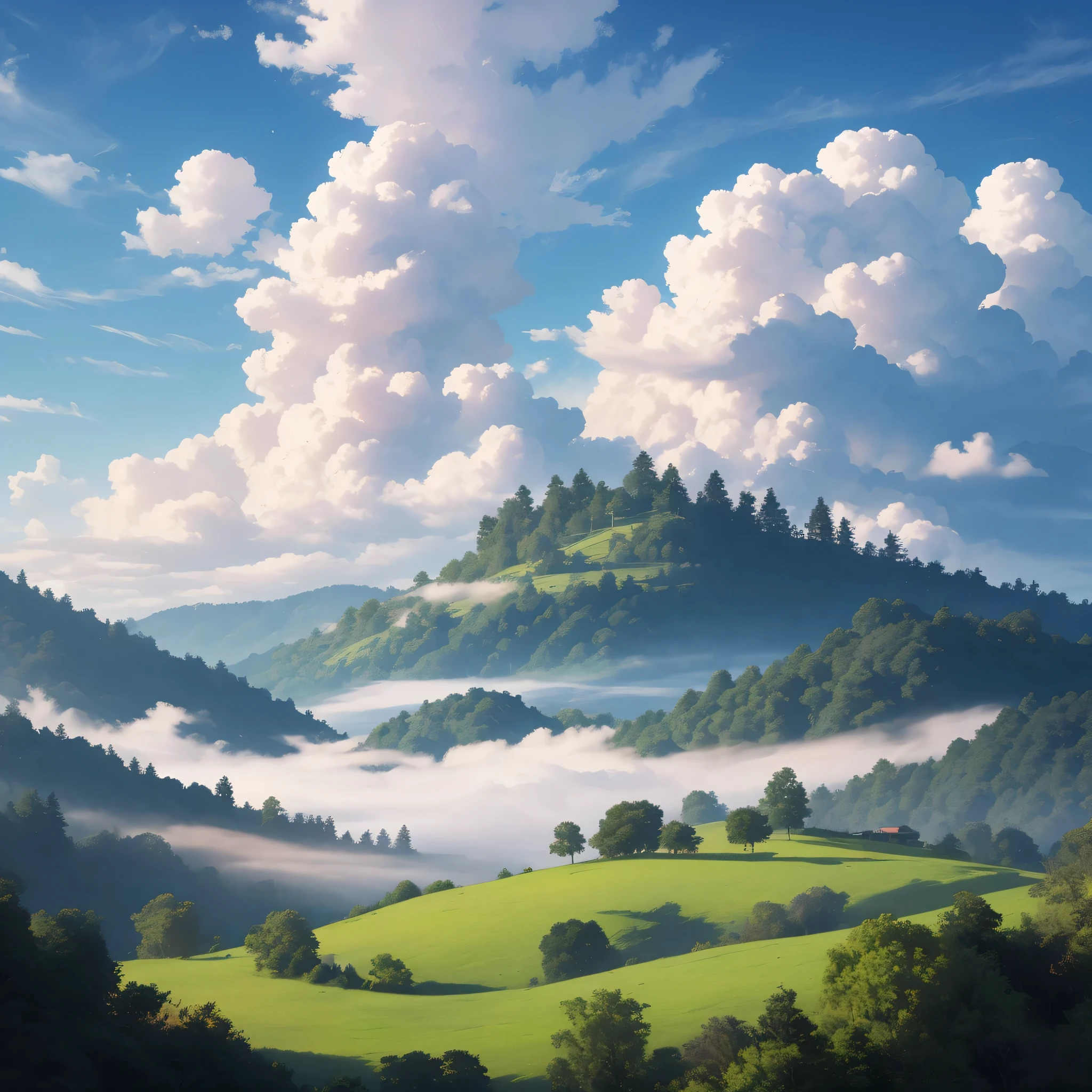 ((best quality)), rolling hills, forest in distance, volumetric clouds, fluffy clouds, fog, 