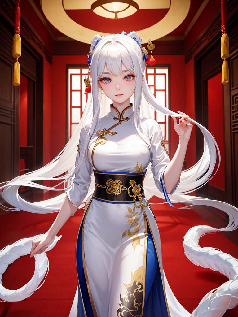 High quality, half body, inside an ancient Chinese building, a Chinese woman, her hair turns into countless slender white snakes, like an Eastern version of Medusa, with a beautiful face, pale complexion, and shy expression, she is wearing silk in ancient China Traditional costumes, gorgeous and noble, high quality.