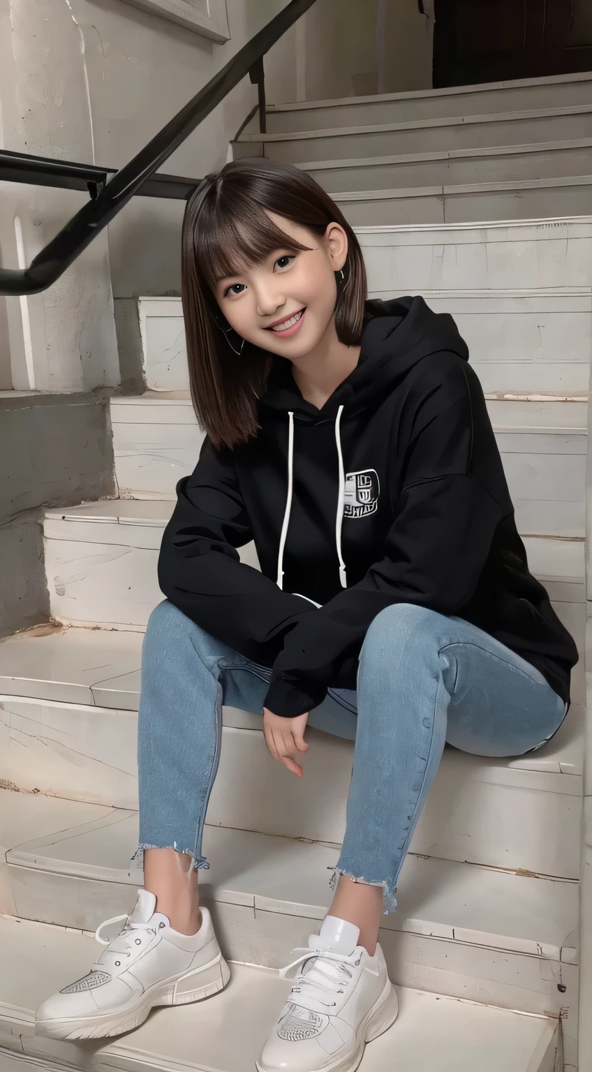 highest quality, Realistic, Very detailed, Finer details, High resolution, 8k wallpaper, One beautiful woman,Sit on the stairs、(Wear black socks)smile、(Beautiful teeth alignment、)(Gums are visible) Oversized hoodie, Skinny jeans,( Black sneakers)、Black Hair、 Beautiful Bangs、ear piercing、Perfect dynamic composition, Beautiful and detailed, Full Body Shot, A big smile brown hair