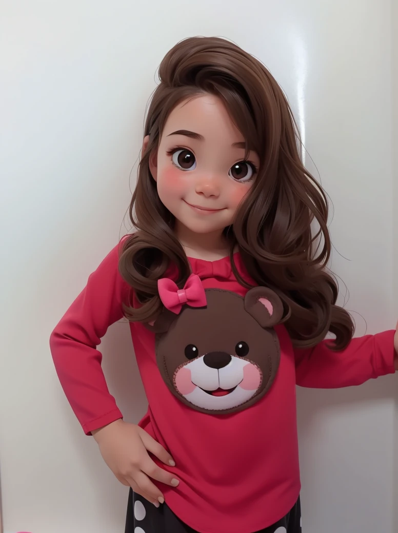 [(A cute smiling brunette girl :1.2)(Small and cute )(with fair skin)(cheerfulness)][(Wear costumes inspired by "stuffed animals".) , KIDS ILLUSTRATION , clean backdrop], Wearing a small pink dress，It has white polka dots on it，There is a bow in the hair, full bodyesbian, Wear black shoes