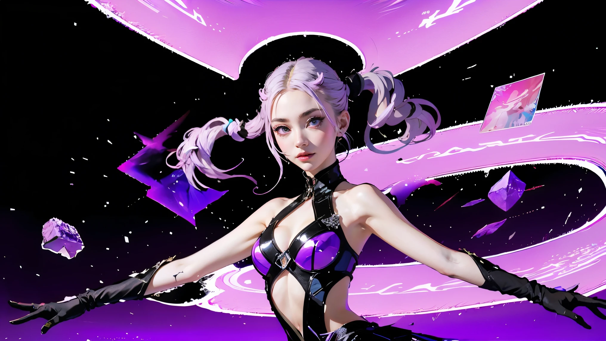 ,Best Quality, Ultra High Resolution, Cute, (KPOP Idol), (Long Twintail), (Light Purple Hair:1), ((Big Eyes)), Looking at you, BREAK ((upper body:1.3)), Front View,A character with long, flowing silver hair and a slender build, wearing a black and white outfit that includes thigh-high boots and gloves. The character is in a dynamic pose surrounded by ethereal purple crystals and energy, The character is in a dynamic pose surrounded by ethereal purple crystals and energy,A character with long, flowing purple hair, wearing a metallic top and black shorts with thigh-high boots. The outfit includes straps and belts, giving it a futuristic or fantasy style. The character is in a dynamic pose with radiant light or energy surrounding them, set against a minimalistic abstract background,
