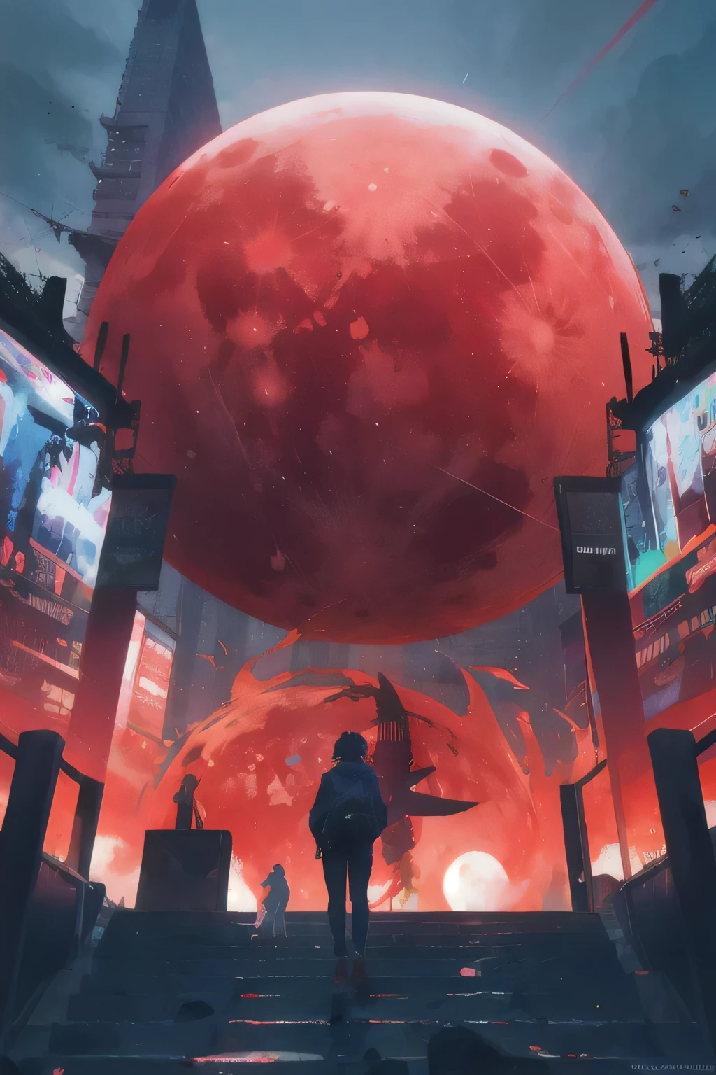 Surrealism, High Detail, movie lighting, Ray Tracing, Ultra HD, masterpiece, Textured Skin, 4k, best quality，Huge red moon，Modern city shadow，Monster&#39;s Shadow，Human Shadow，Red background，Weird，night，Bloody Sky，Anime style