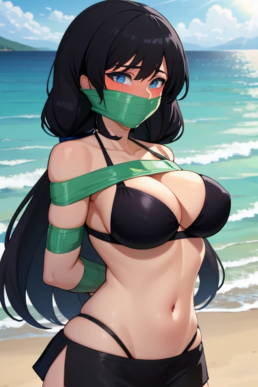 1 girl, detailed blue eyes, lange wimpern, detailed beautiful face, (Long black hair:1.4), black twintails, hochgesteckte Haare, improvisierter Knebel, (Klebebandknebel:1.5), GEKNEBELT, Klebeband, festgebunden, (Arms behind the back:1.4), gefesselte Arme, black Mini skirt, black bikini top, blushing, Tape gag, Standing at a beach with many peaple in the background, (Big boobs:1.1),