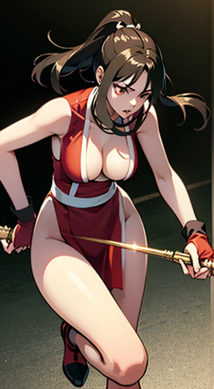 Top quality、masterpiece、High resolution、1 Girl、(((Large Breasts、Low-cut,Cleavage, Wide hips,)))Long legs , short and small、A slender one、Thin thighs、Ayov、Black Hair、short hair long hair、Gold hair band、Red Eyes、Black skirt、gold earrings、Jewelry、、With weapons、Low posture、Attack with feet、struggle、Sleeveless、Kick it, sash, Pelvic Curtain, Arm Guard, Gloves, or
