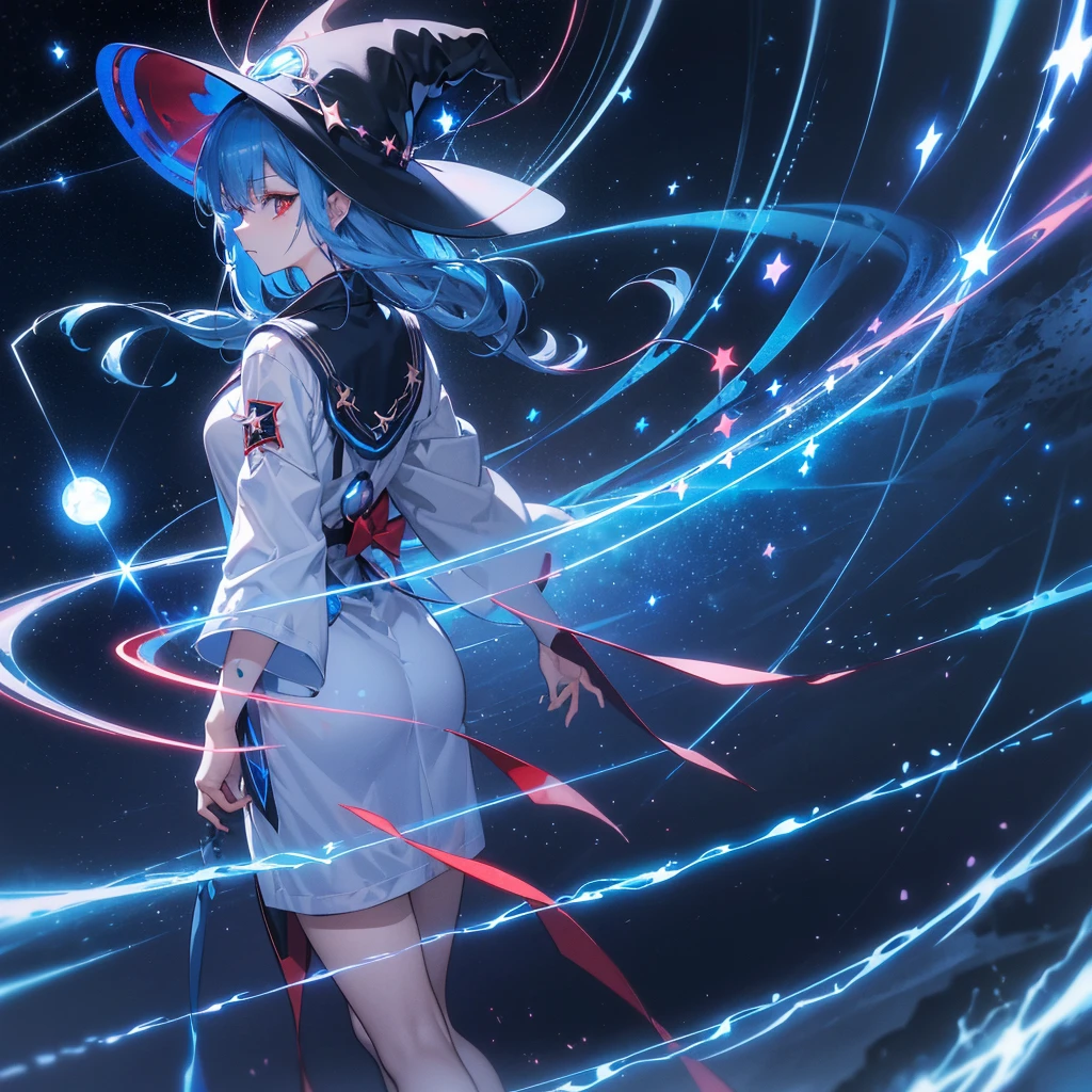 ((Blue Hair　magic circle　Witch Hat　Red eyes　Turn your back))　((thunder　Blitz　thunderの杖　starのペンダント　electricity　lightning))　(Magic Robe　shine　star　Streaks of Light　Black Hole)　moon　彗star　incantation　Runes　cool　Blue aura　Shining Edge