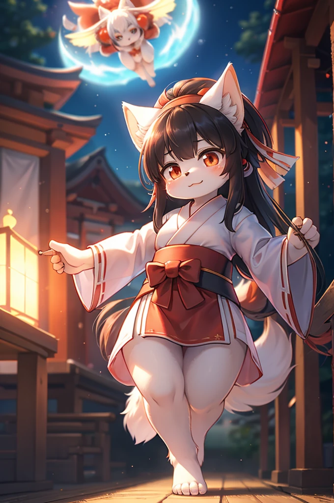 Bokeh , (blur:1.5) , dynamic angle , 1 hairy inari girl , Short stature , realistic hairy fur , Straight black Long Hair , Round face, swollen cheeks,round eyes , neat hair ties , Japanese Shrine Maiden Clothing , (dynamic Kagura dance action) , in the Inari Shrine , Sacred offerin , (Fly around Will-o'-the-wisp) , midnight , in front fox