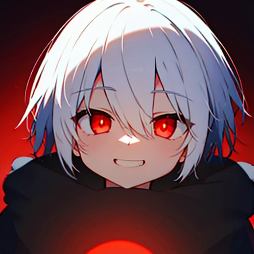 close distance、High Angle、White haired anime boy looking at the camera、Grin、Big black blanket、Shadow Body、Red glowing eyes、Pure white background