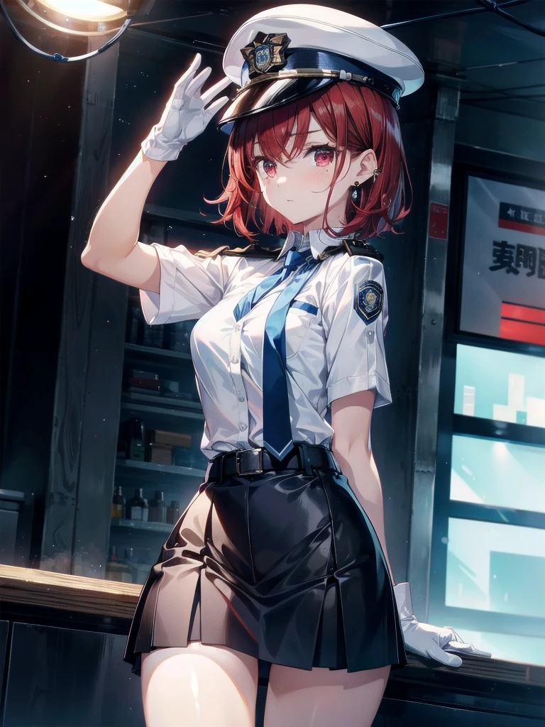 policewoman uniform, light blue short sleeved shirt, navy necktie, high waisted miniskirt, belt, white gloves, police hat, handcuffs, absurdres, RAW photo, extremely delicate and beautiful, masterpiece, Best Quality, ultra high resolution, 32k, hyperrealistic, ultra-detailed, detailed description, pale skin, 20 years old, tearful mole, earring, short medium hair, wavy hair, whole body shot, legs, Redhead, Red eyes, 