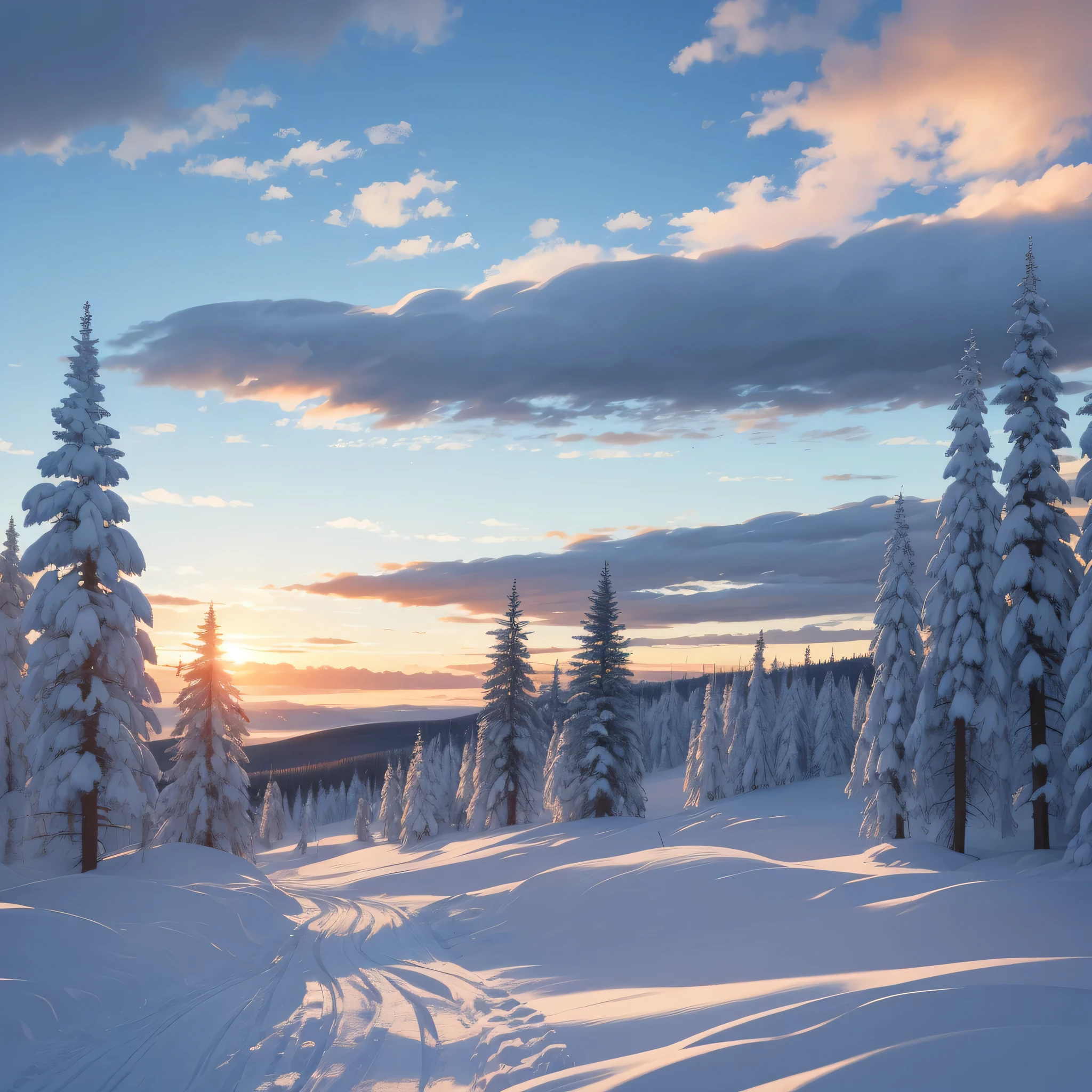 ((best quality)), silent tundra, deep snow, sunset, trees, soft clouds,
