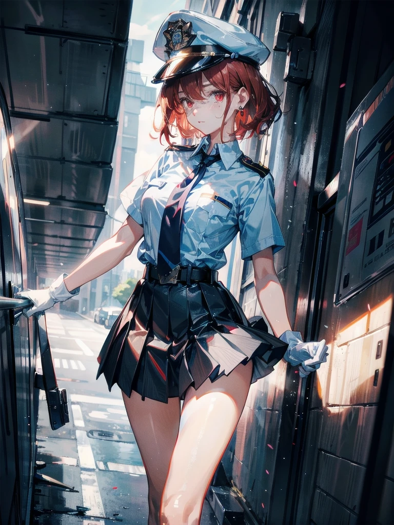 policewoman uniform, light blue short sleeved shirt, navy necktie, high waisted miniskirt, belt, white gloves, police hat, handcuffs, absurdres, RAW photo, extremely delicate and beautiful, masterpiece, Best Quality, ultra high resolution, 32k, hyperrealistic, ultra-detailed, detailed description, pale skin, 20 years old, tearful mole, earring, short medium hair, wavy hair, whole body shot, legs, Redhead, Red eyes,