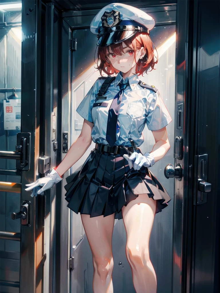 policewoman uniform, light blue short sleeved shirt, navy necktie, high waisted miniskirt, belt, white gloves, police hat, handcuffs, absurdres, RAW photo, extremely delicate and beautiful, masterpiece, Best Quality, ultra high resolution, 32k, hyperrealistic, ultra-detailed, detailed description, pale skin, 20 years old, tearful mole, earring, short medium hair, wavy hair, whole body shot, legs, Redhead, Red eyes,