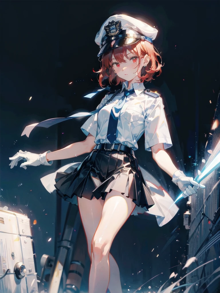 policewoman uniform, light blue short sleeved shirt, navy necktie, high waisted miniskirt, belt, white gloves, police hat, handcuffs, absurdres, RAW photo, extremely delicate and beautiful, masterpiece, Best Quality, ultra high resolution, 32k, hyperrealistic, ultra-detailed, detailed description, pale skin, 20 years old, tearful mole, earring, short medium hair, wavy hair, whole body shot, legs, Redhead, Red eyes, 