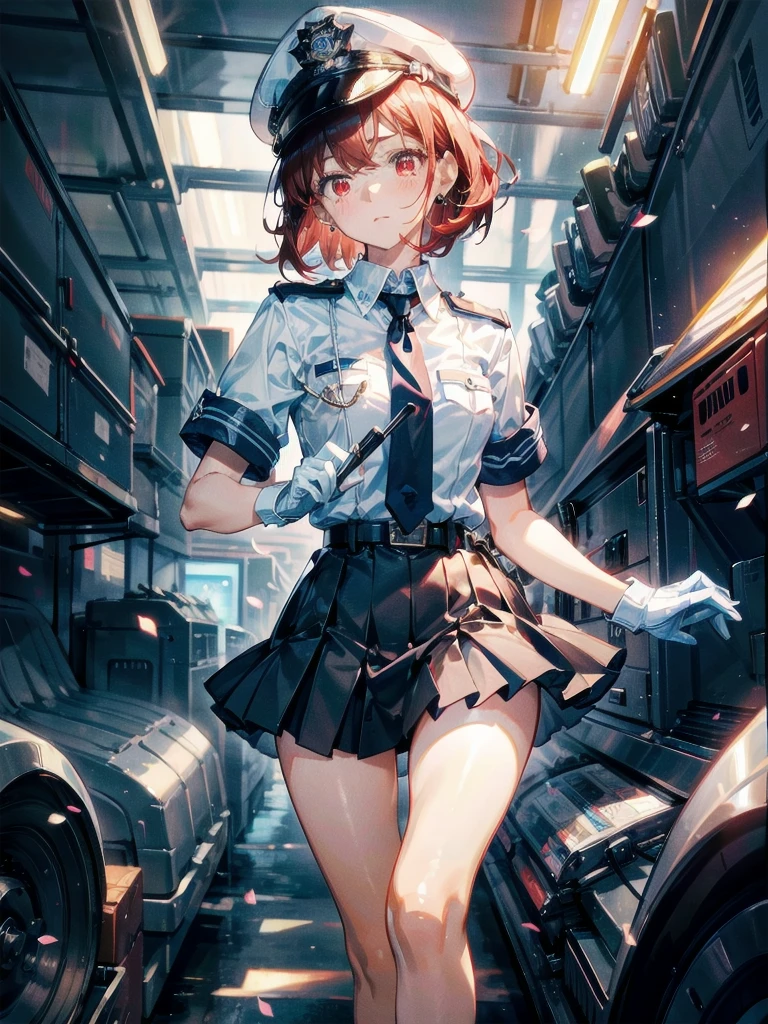 policewoman uniform, light blue short sleeved shirt, navy necktie, high waisted miniskirt, belt, white gloves, police hat, handcuffs, absurdres, RAW photo, extremely delicate and beautiful, masterpiece, Best Quality, ultra high resolution, 32k, hyperrealistic, ultra-detailed, detailed description, pale skin, 20 years old, tearful mole, earring, short medium hair, wavy hair, whole body shot, legs, Redhead, Red eyes,