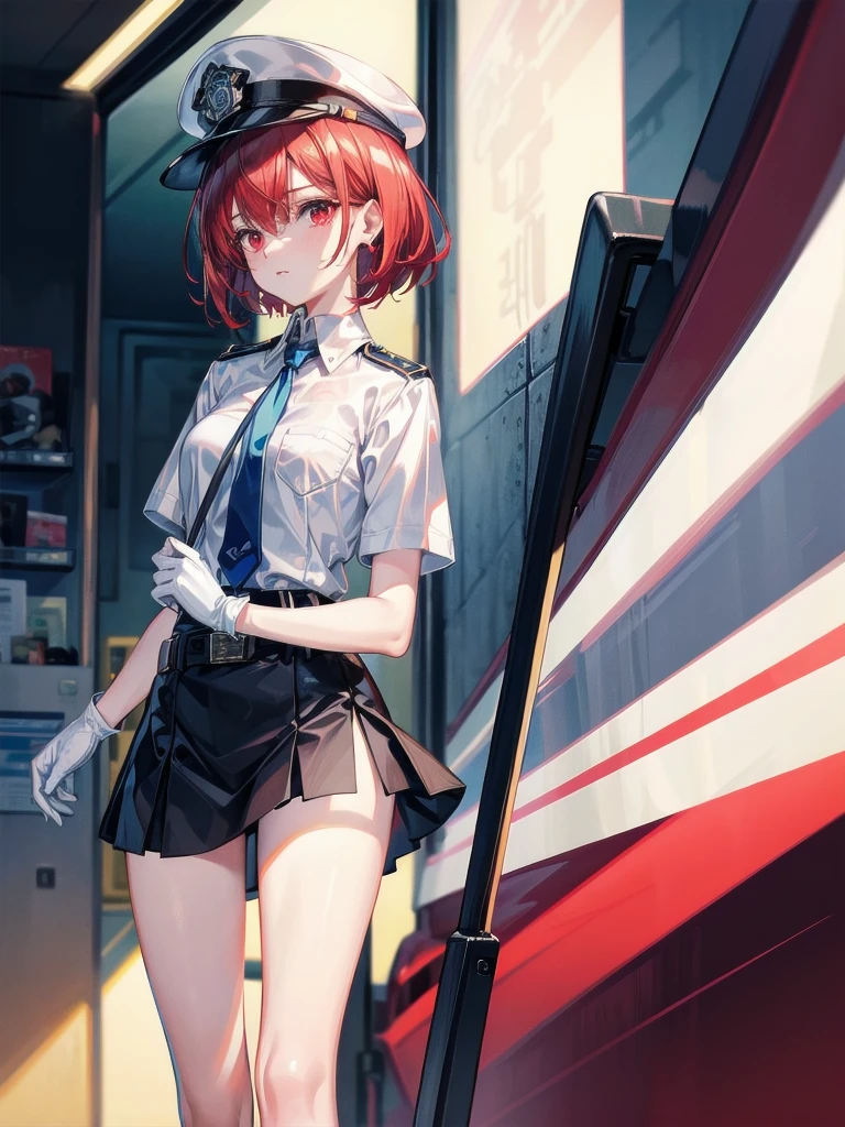 policewoman uniform, light blue short sleeved shirt, navy necktie, high waisted miniskirt, belt, white gloves, police hat, handcuffs, absurdres, RAW photo, extremely delicate and beautiful, masterpiece, Best Quality, ultra high resolution, 32k, hyperrealistic, ultra-detailed, detailed description, pale skin, 20 years old, tearful mole, earring, short medium hair, wavy hair, whole body shot, legs, Redhead, Red eyes,