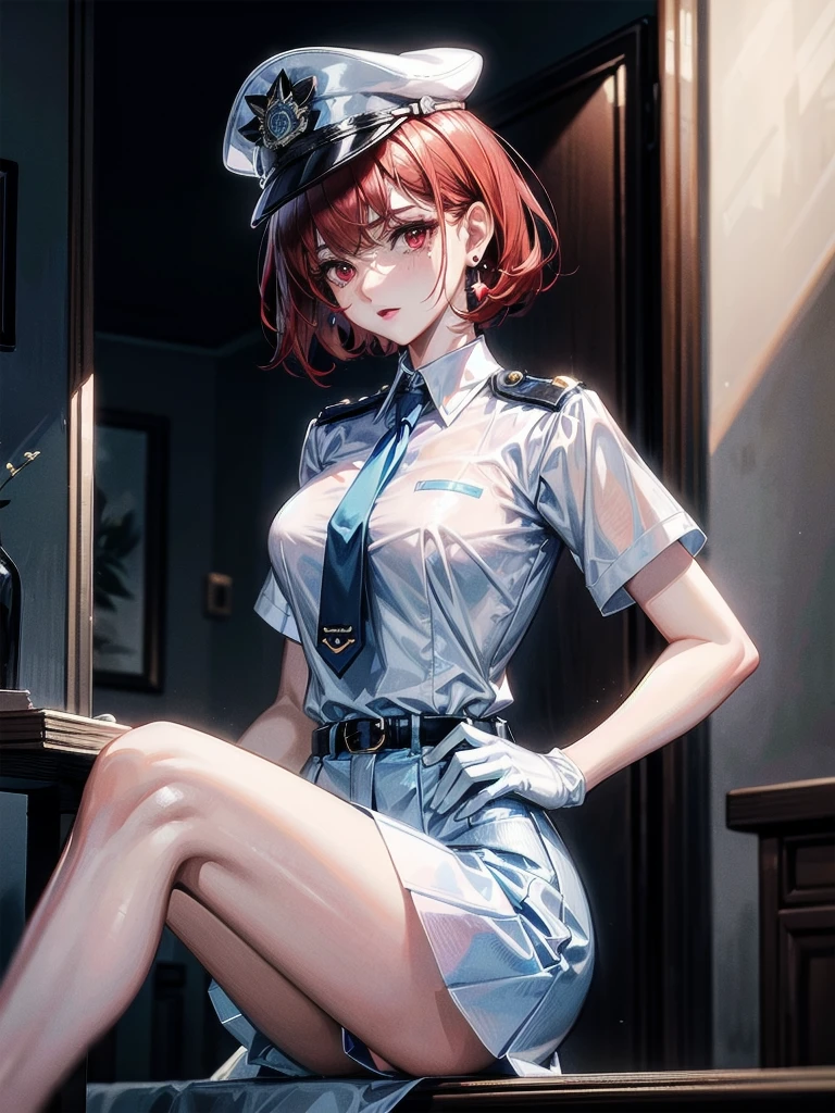 policewoman uniform, light blue short sleeved shirt, navy necktie, high waisted miniskirt, belt, white gloves, police hat, handcuffs, absurdres, RAW photo, extremely delicate and beautiful, masterpiece, Best Quality, ultra high resolution, 32k, hyperrealistic, ultra-detailed, detailed description, pale skin, 20 years old, tearful mole, earring, short medium hair, wavy hair, whole body shot, legs, Redhead, Red eyes,