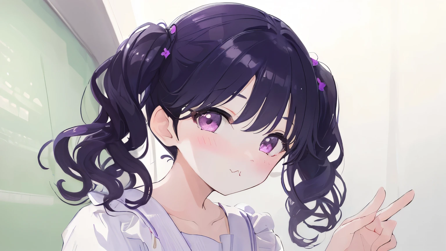 (((masterpiece, highest quality, High resolution,8k))),1girl,fukumaru koito, medium hair,purple black hair, twintails, purple eyes,(leaning forward),(pout:1.2),