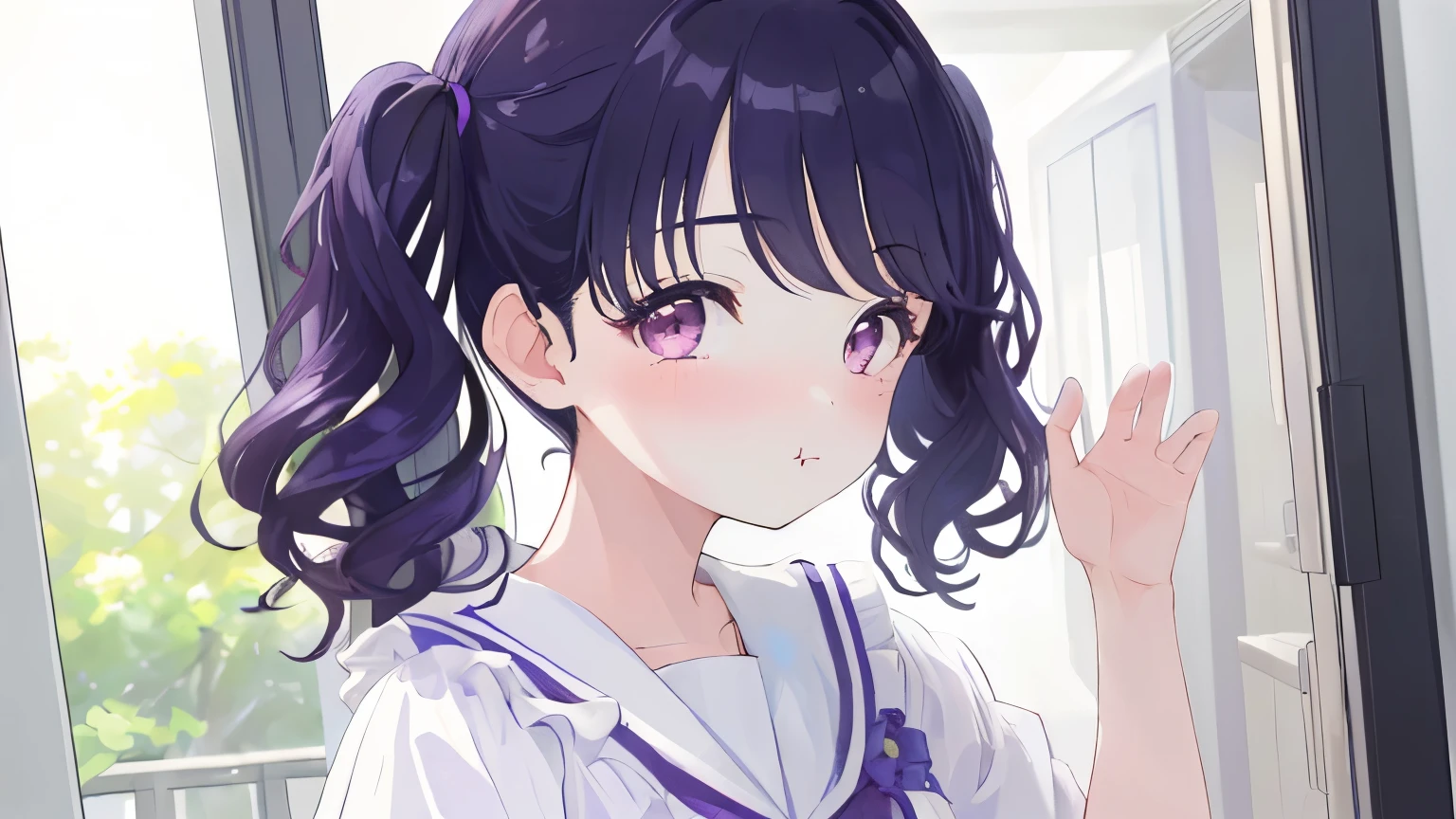 (((masterpiece, highest quality, High resolution,8k))),1girl,fukumaru koito, medium hair,purple black hair, twintails, purple eyes,(leaning forward),(pout:1.2),