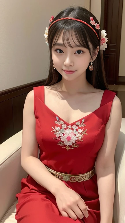 (8k, RAW Photos, highest quality, masterpiece: 1.2), (Realistic, Realistic: 1.37), 1 female, ancient China, 260 A.D., A room in the imperial court at the end of the Eastern Han Dynasty。The Empress、Sit with good posture in a luxurious chair。Wearing bright red clothing。The clothes are intricately embroidered。Shoulders out。With a beautiful face、She wears a hair accessory that was popular at the time..。With a slightly embarrassed look、Laugh brightly、A look of favoritism。Looking straight ahead。looking at the camera。fine。
