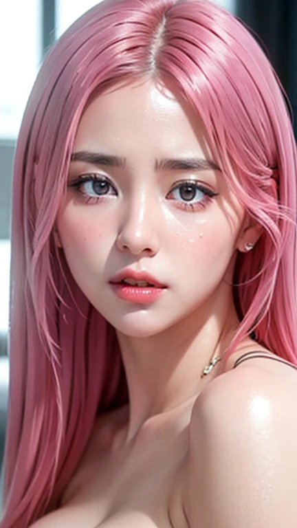 Ultra realistic, open shot, best quality, dream aesthetic (a little blurry in cinematic vibrant light), ultra-detailed, fine details, high resolution (wide shot), Perfect dynamic composition, illuminated pale skin, perfect shading, beautiful (realistic) detailed clear eyes, naked, pantyhose, pale-pink hair, long messy (silky) hair (pale pink), hair fringe, natural big breasts (nude), Natural Color Lip, face with pleasure and fatigue expression, Random and sensual poses, bedroom (background unfocused)、20 year old、dream atmosphere