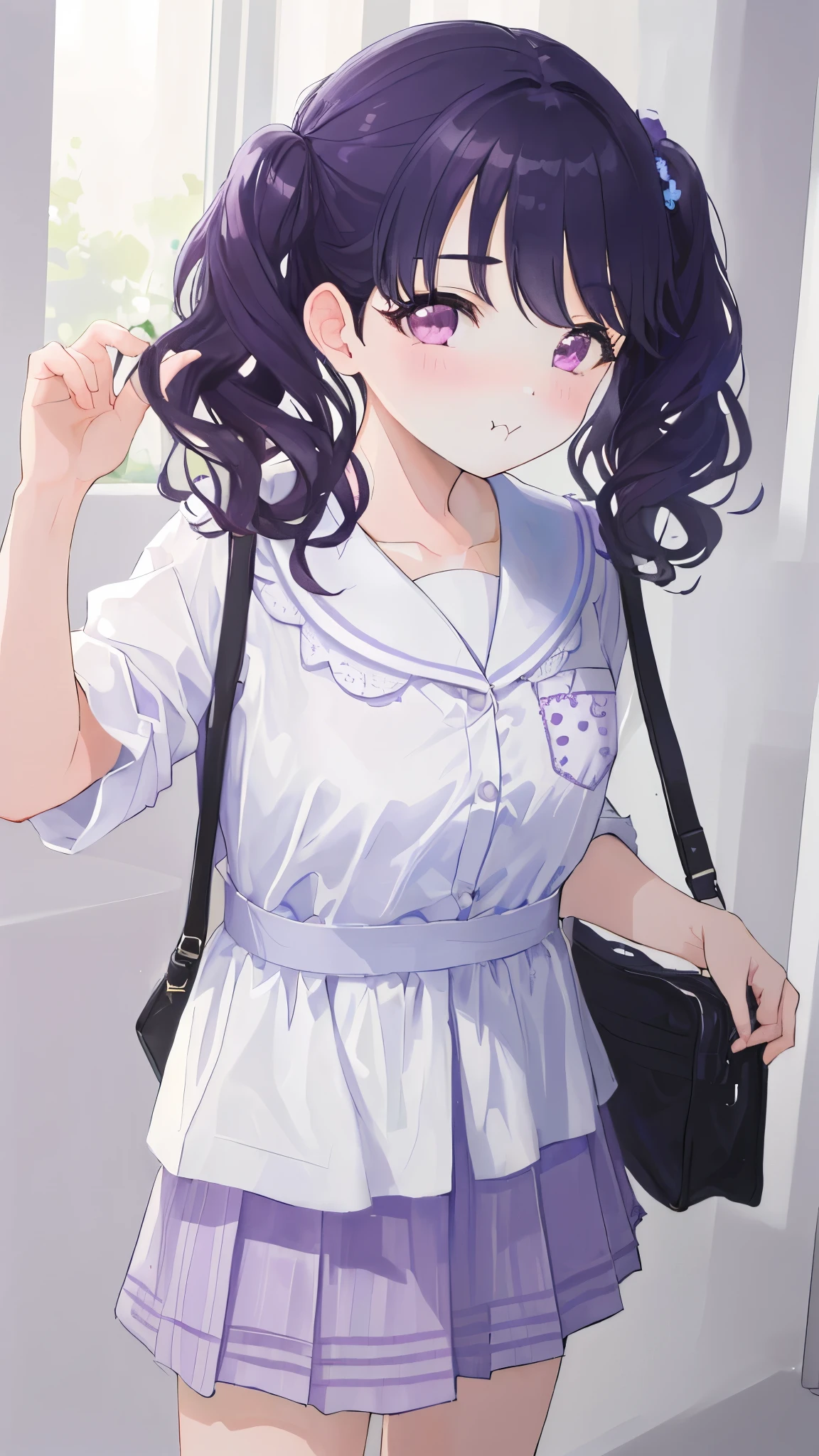 (((masterpiece, highest quality, High resolution,8k))),1girl,fukumaru koito, medium hair,purple black hair, twintails, purple eyes,(leaning forward),(pout:1.2),