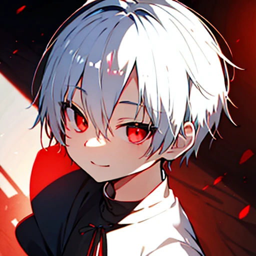 close distance、High Angle、White haired anime boy looking at the camera、A devastating smile、Big black blanket、Shadow Body、Red glowing eyes、Pure white background