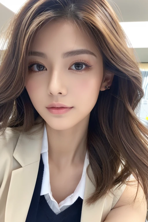 ((highest quality, 8k, masterpiece :1.3)), Sharp focus :1.2, A beautiful 16-year-old with a perfect figure :1.4, Slim Abs :1.3, Raw photo、超A high resolution, whole body, White skin、輝くWhite skin、(Wavy blonde hair)、Dark brown hair、非常にFine grain, Ultra-fine hands, Very thin fingers、Beautiful eyes with random colors、Very thin lips, In detail、Long, narrow eyes、Pale pink blush、長いまつ毛美しいdouble eyelid、Lighting that enhances beautiful skin、Glowing Skin 2, ((Layered Long Hair, Big Breasts :1.2)), Wear a uniform, ((Detailed face )), ((Detailed tight short skirt), Luxury Office :1.4, Highly Detailed face and skin texture, Fine grain, double eyelid