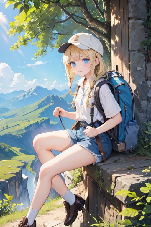 masterpiece, highest quality, High resolution, One -yeld giblue eyes、
blonde、Braiding、Climbing Style、Clothes with lots of pockets、Shorts、rucksack、Thick-soled shoes、Hunting Cap、In the mountains、Lush tree々々、The sunlight streaming in