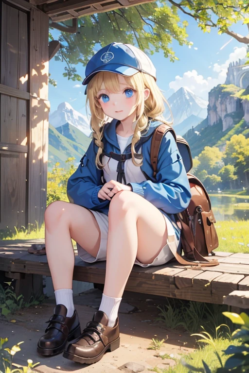 masterpiece, highest quality, High resolution, One 13-year-old girl、blue eyes、
blonde、Braiding、Climbing Style、Clothes with lots of pockets、Shorts、rucksack、Thick-soled shoes、Hunting Cap、In the mountains、Lush tree々々、The sunlight streaming in