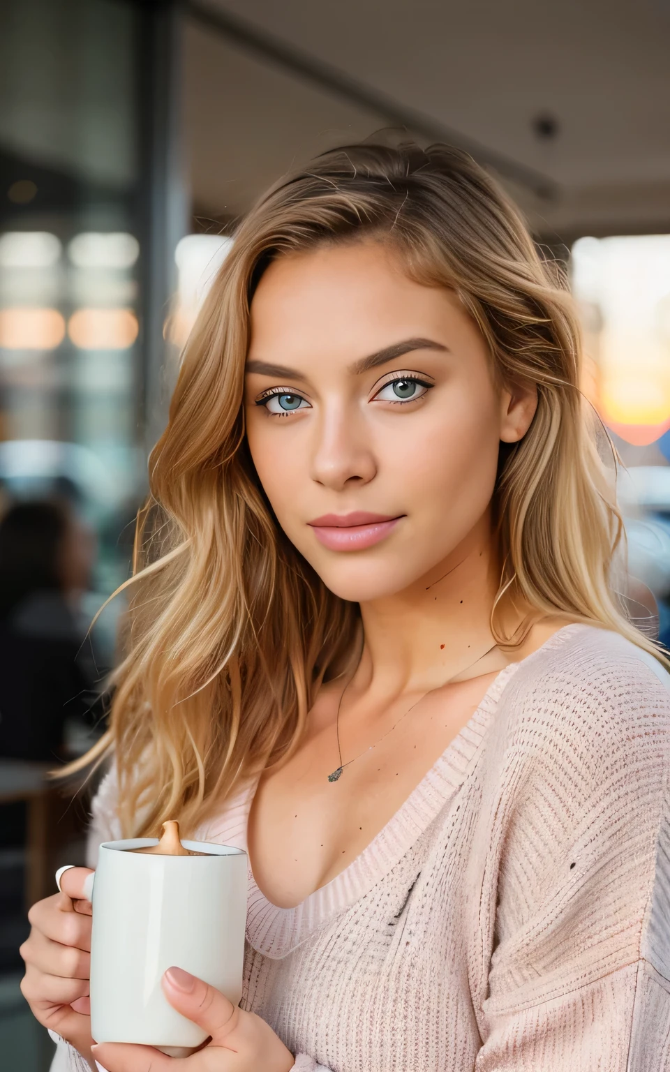 beautiful blonde wearing pink sweater (sipping coffee inside a modern café at sunset), very detailed, 21 years old, innocent face, natural wavy hair, blue eyes, high resolution, masterpiece, best quality, intricate details, highly detailed, sharp focus, detailed skin, realistic skin texture, texture, detailed eyes, professional, 4k, charming smile, shot on Canon, 85mm, shallow depth of field,  kodak vision color, perfect fit body, extremely detailed, foto_\(ultra\), photorealistic, realistic, post-processing, maximum detail, roughness, real life, ultra realistic, photorealism, photography, 8k uhd, photography sexy hot short dress sexy look 